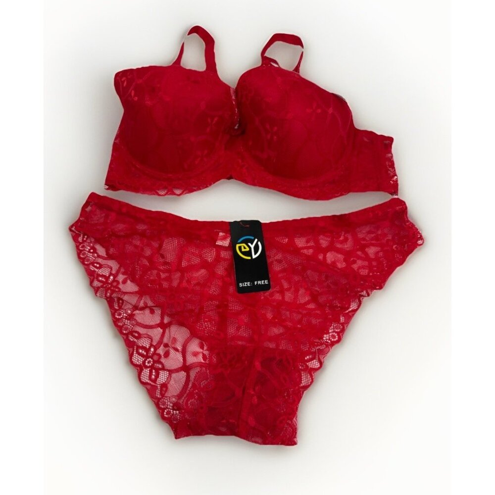 Red Lace Bra And Panty Set By DY Fits Like US Sz 40B Panty Is One Size